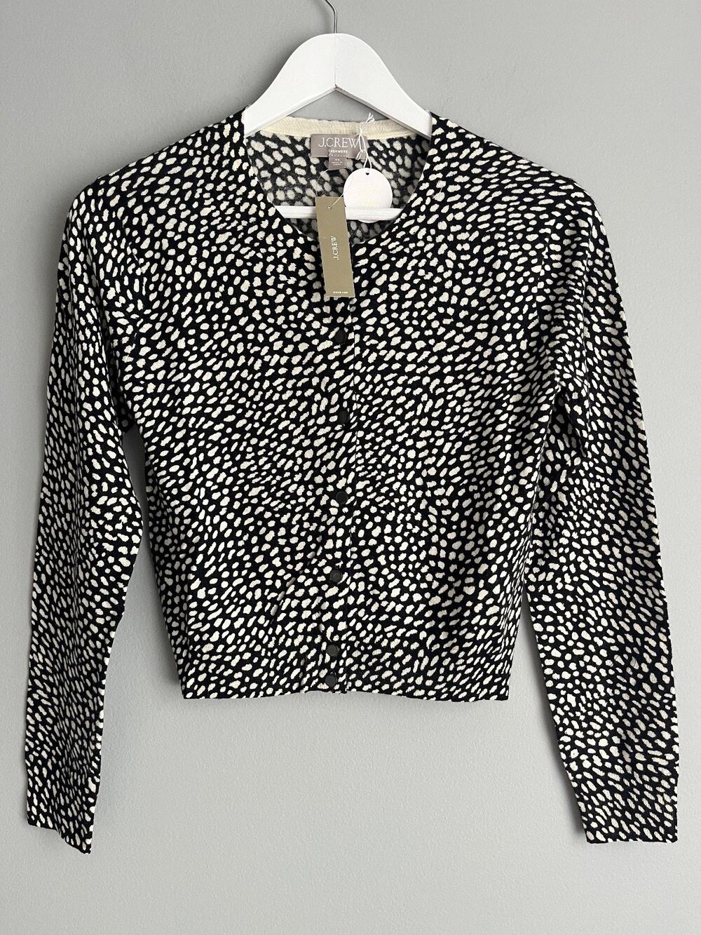 J.Crew NWT $198 Women's Cashmere Cardigan Animal Print Black Ivory XS CM0655